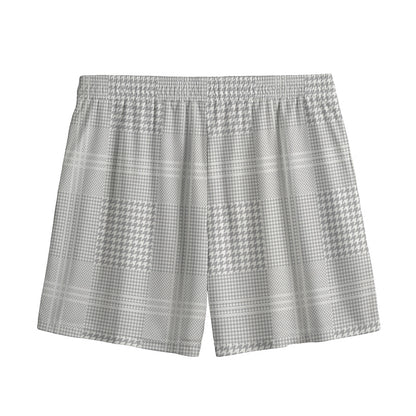 Grey And White Glen Plaid Print Mesh Shorts