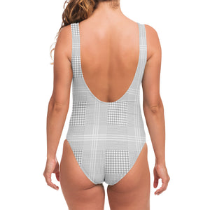 Grey And White Glen Plaid Print One Piece Swimsuit