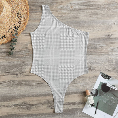 Grey And White Glen Plaid Print One Shoulder Bodysuit