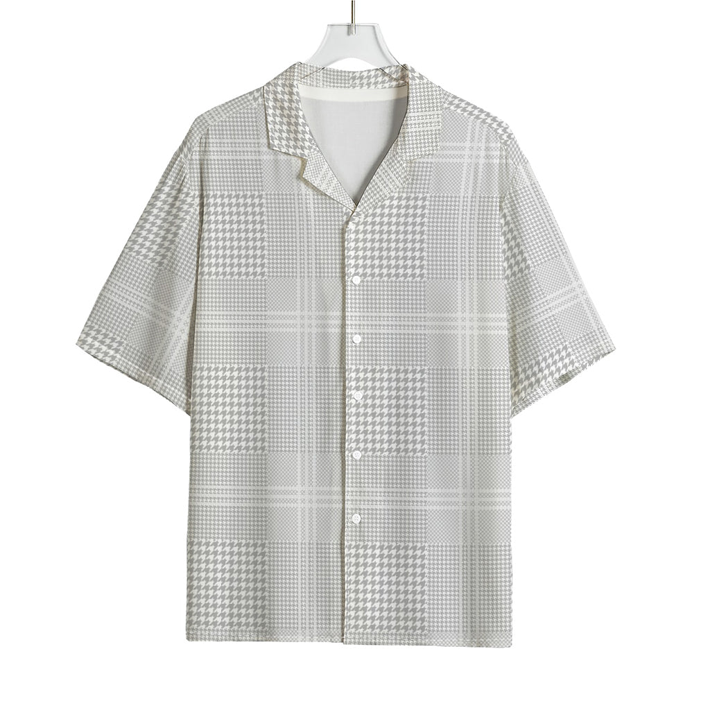 Grey And White Glen Plaid Print Rayon Hawaiian Shirt