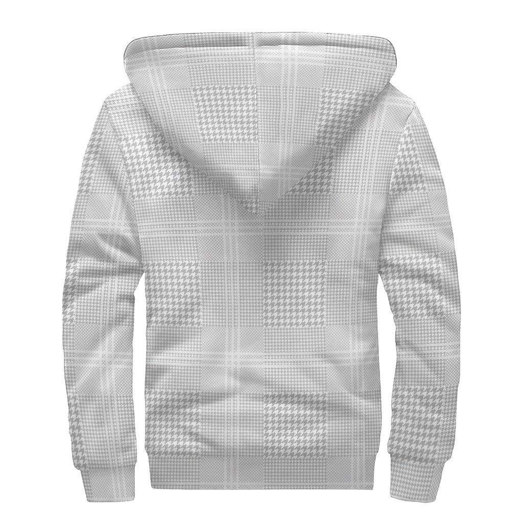 Grey And White Glen Plaid Print Sherpa Lined Zip Up Hoodie