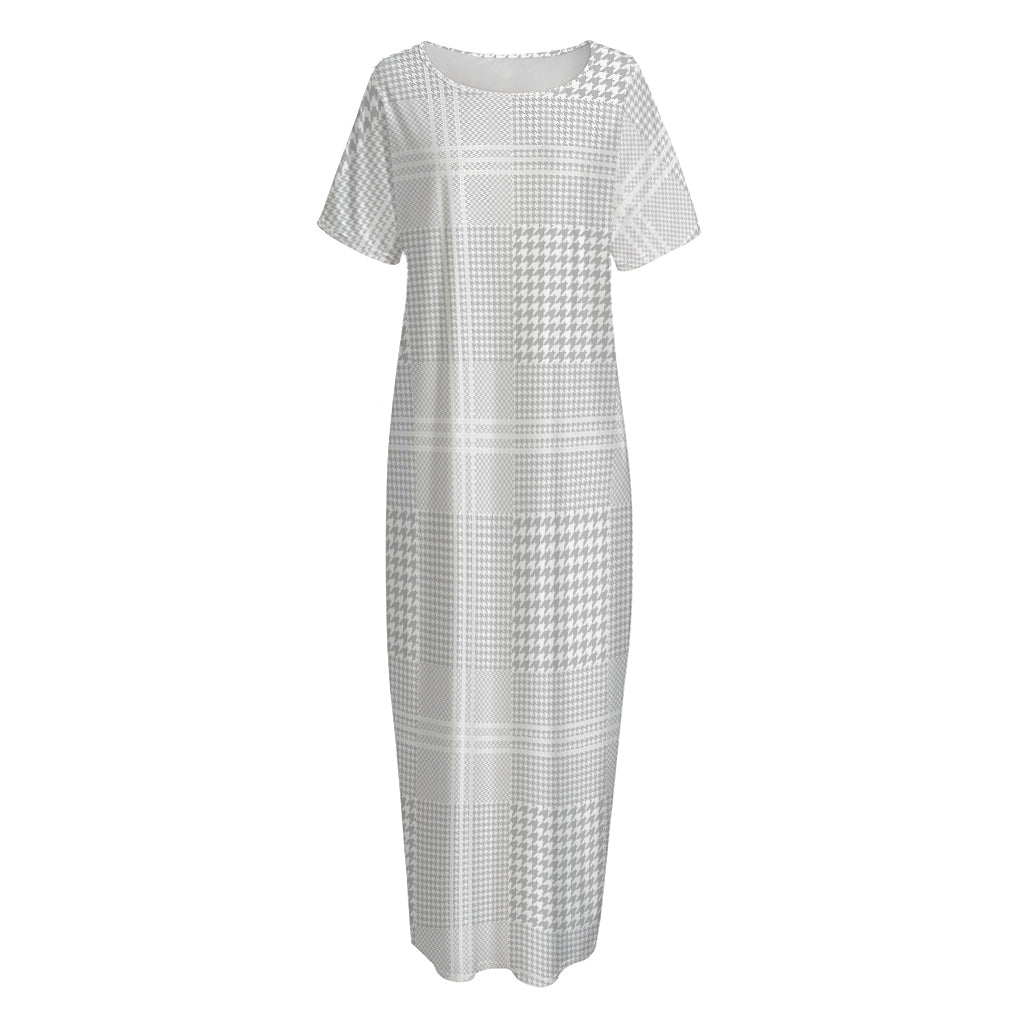 Grey And White Glen Plaid Print Short Sleeve Long Nightdress