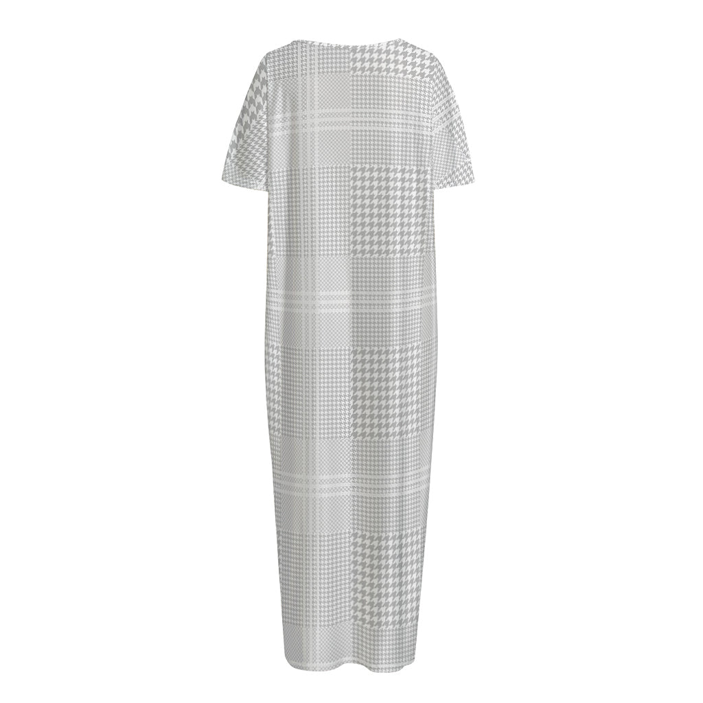 Grey And White Glen Plaid Print Short Sleeve Long Nightdress