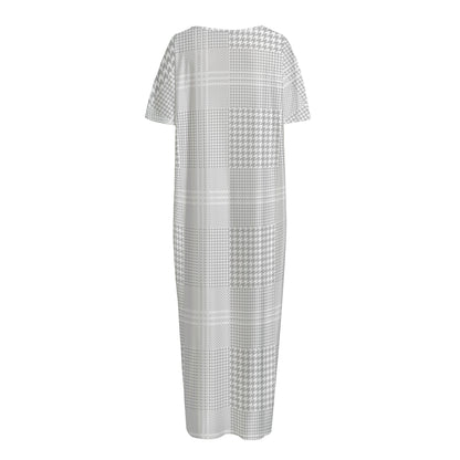 Grey And White Glen Plaid Print Short Sleeve Long Nightdress