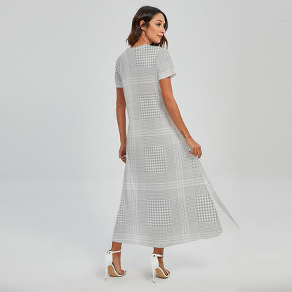 Grey And White Glen Plaid Print Short Sleeve Maxi Dress