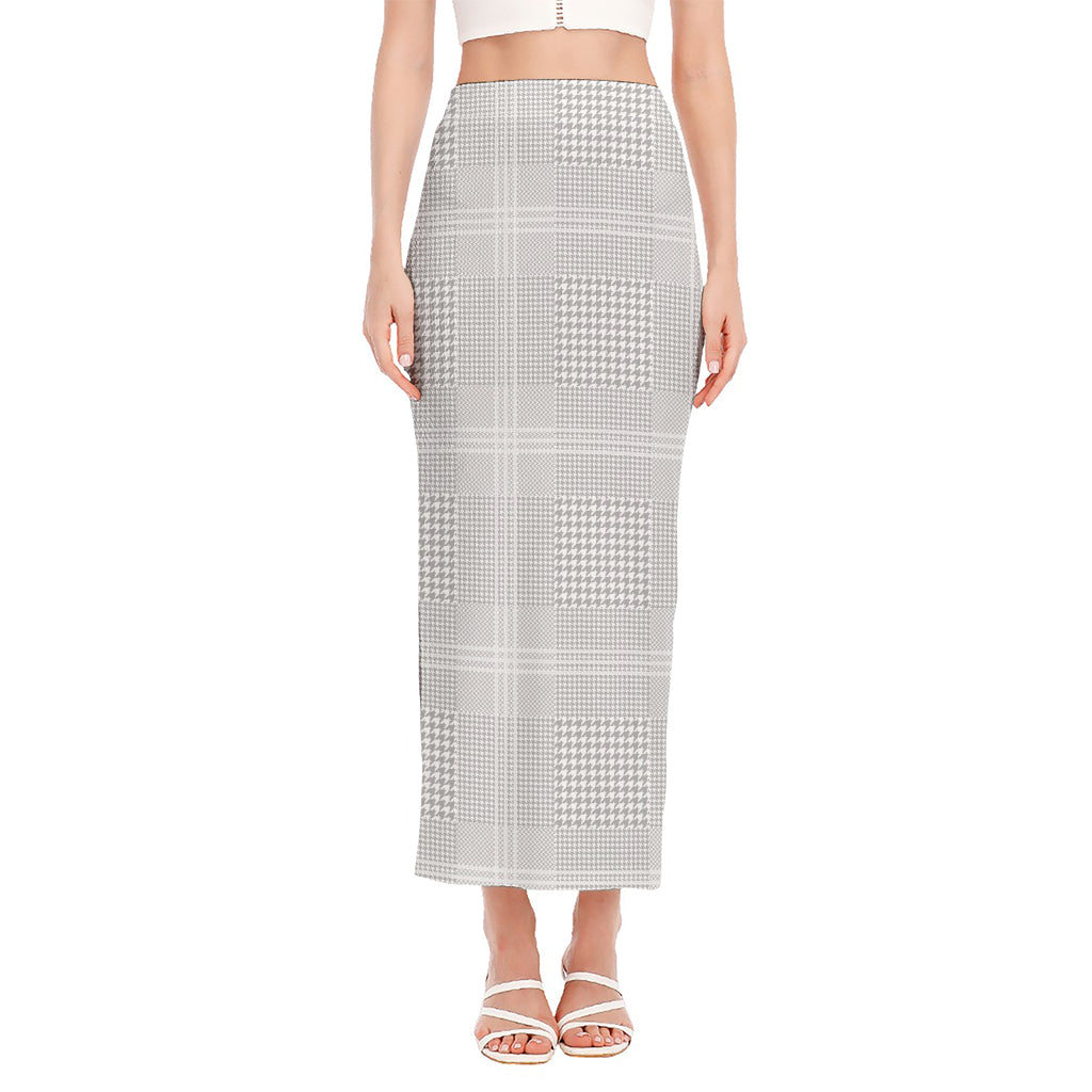 Grey And White Glen Plaid Print Side Slit Maxi Skirt