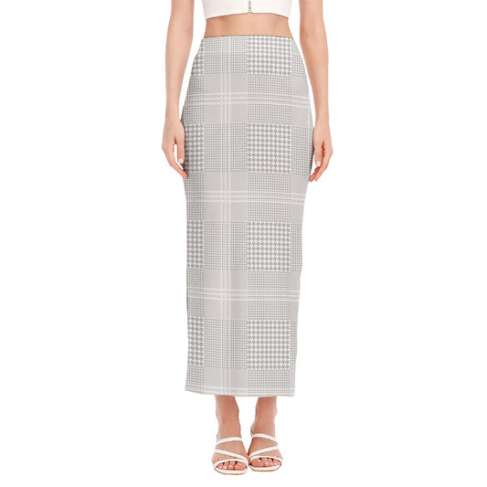 Grey And White Glen Plaid Print Side Slit Maxi Skirt