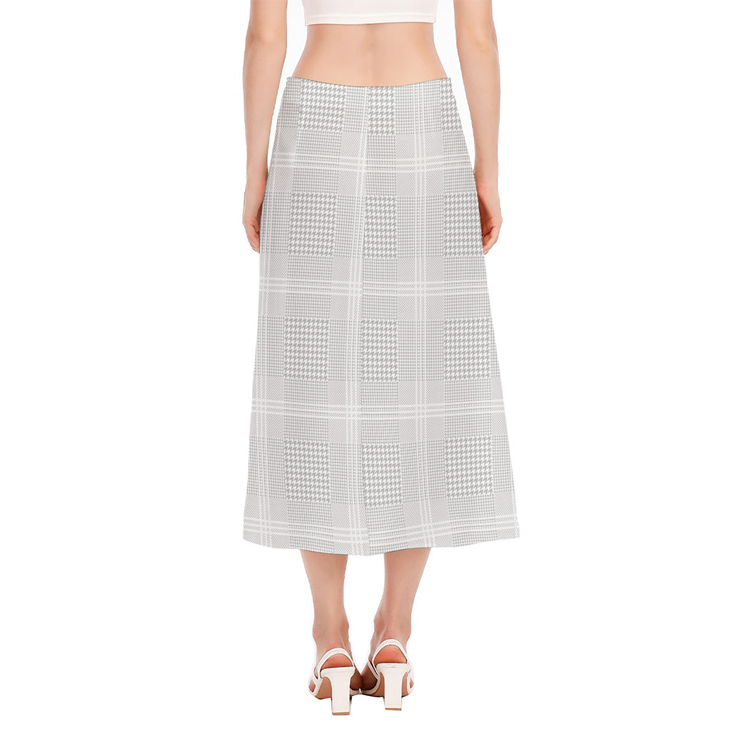 Grey And White Glen Plaid Print Side Slit Midi Skirt
