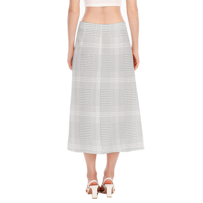 Grey And White Glen Plaid Print Side Slit Midi Skirt