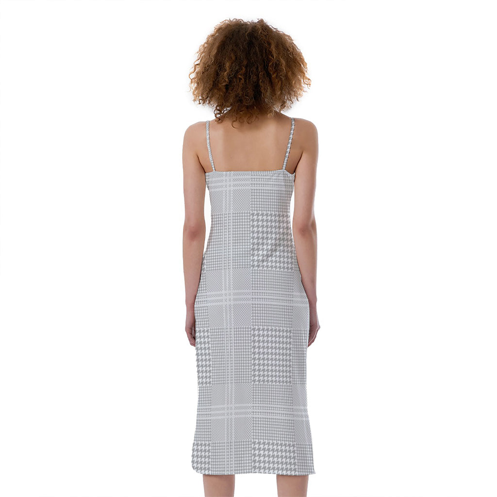 Grey And White Glen Plaid Print Slim Fit Midi Cami Dress