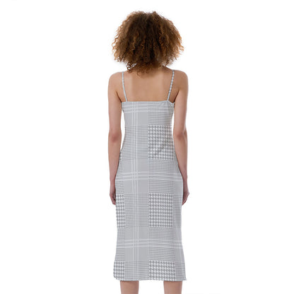 Grey And White Glen Plaid Print Slim Fit Midi Cami Dress