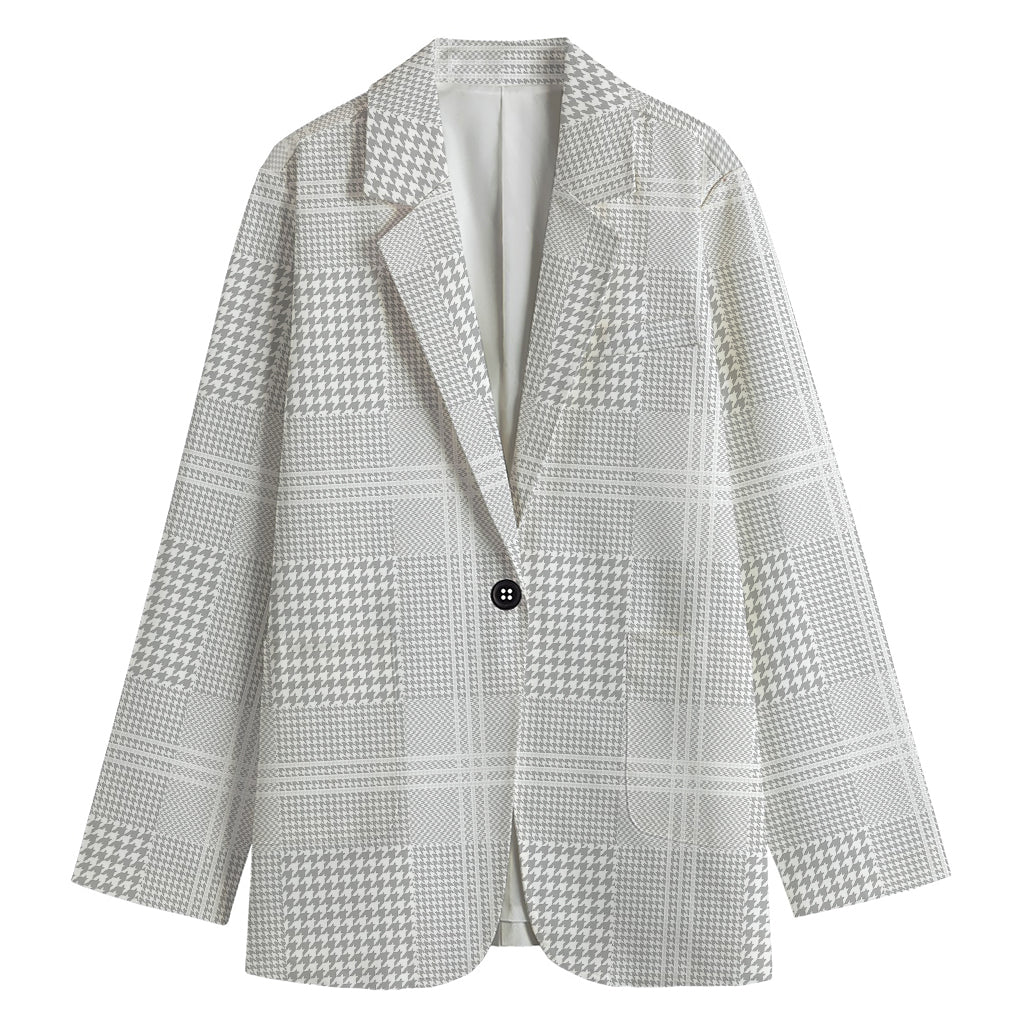 Grey And White Glen Plaid Print Women's Cotton Blazer