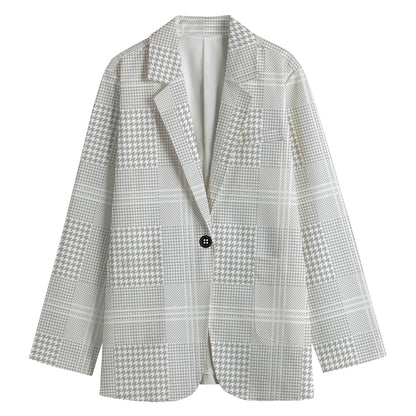 Grey And White Glen Plaid Print Women's Cotton Blazer