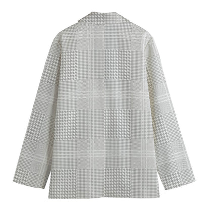 Grey And White Glen Plaid Print Women's Cotton Blazer