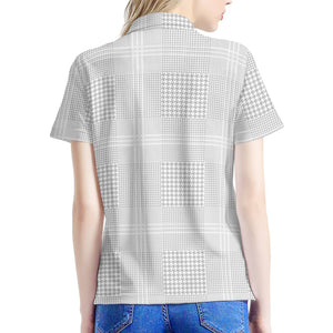 Grey And White Glen Plaid Print Women's Polo Shirt