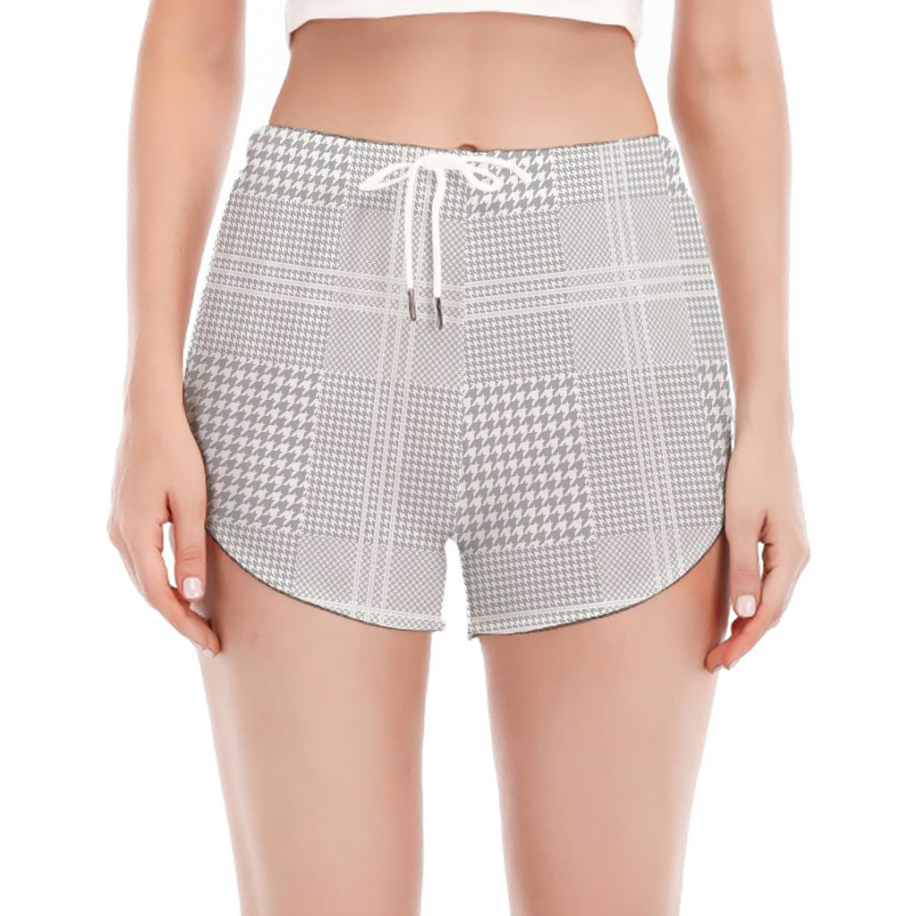 Grey And White Glen Plaid Print Women's Split Running Shorts