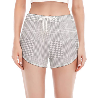 Grey And White Glen Plaid Print Women's Split Running Shorts