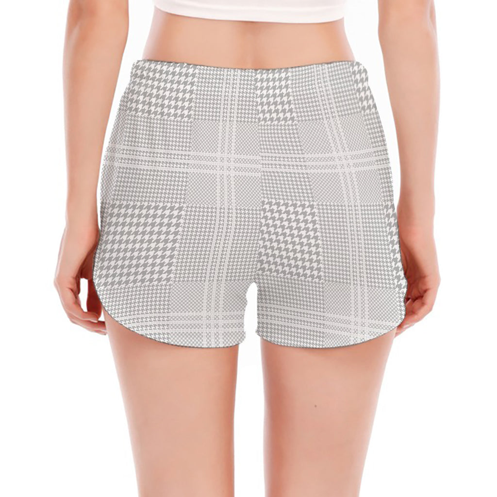 Grey And White Glen Plaid Print Women's Split Running Shorts