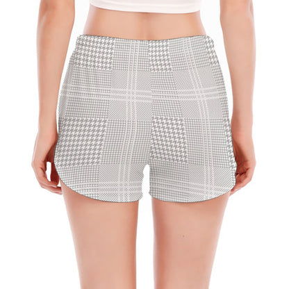 Grey And White Glen Plaid Print Women's Split Running Shorts