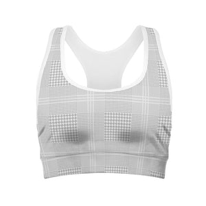 Grey And White Glen Plaid Print Women's Sports Bra