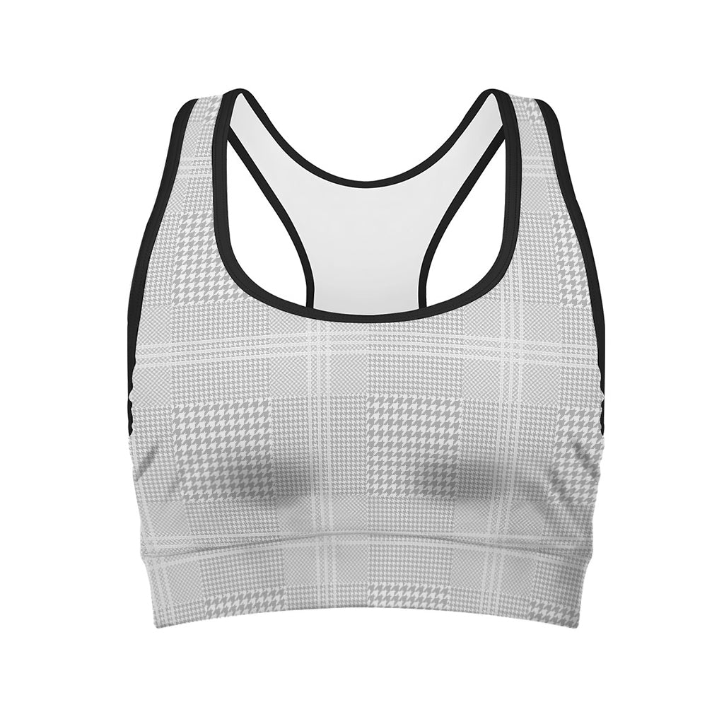 Grey And White Glen Plaid Print Women's Sports Bra