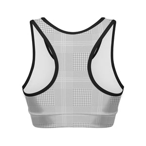 Grey And White Glen Plaid Print Women's Sports Bra