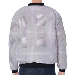 Grey And White Glen Plaid Print Zip Sleeve Bomber Jacket