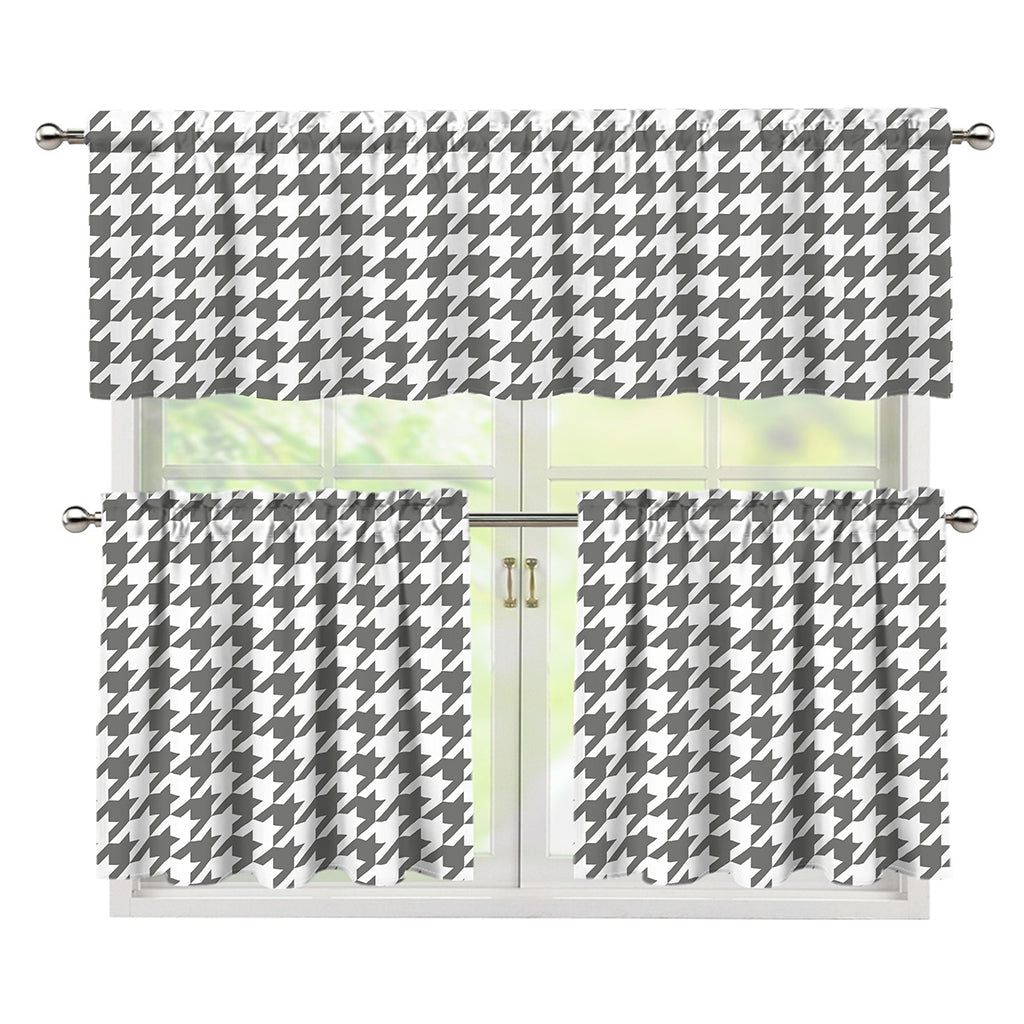 Grey And White Houndstooth Pattern Print 3 Piece Kitchen Curtains