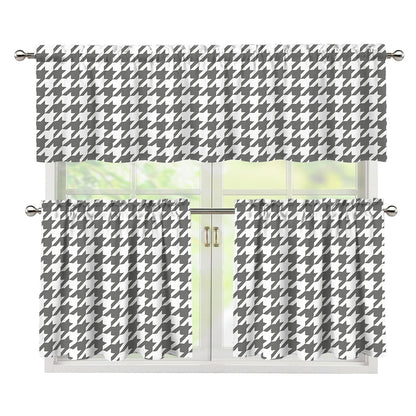 Grey And White Houndstooth Pattern Print 3 Piece Kitchen Curtains