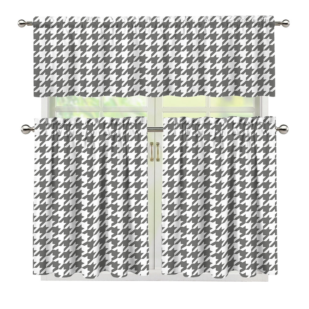 Grey And White Houndstooth Pattern Print 3 Piece Kitchen Curtains