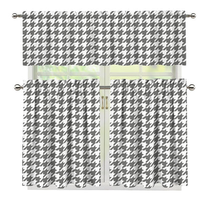 Grey And White Houndstooth Pattern Print 3 Piece Kitchen Curtains