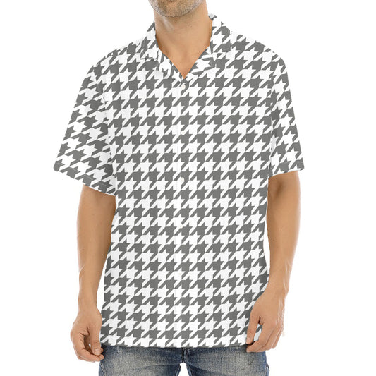 Grey And White Houndstooth Pattern Print Aloha Shirt