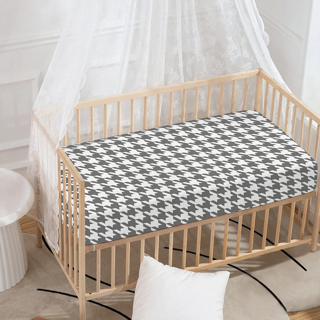 Grey And White Houndstooth Pattern Print Baby Crib Sheet