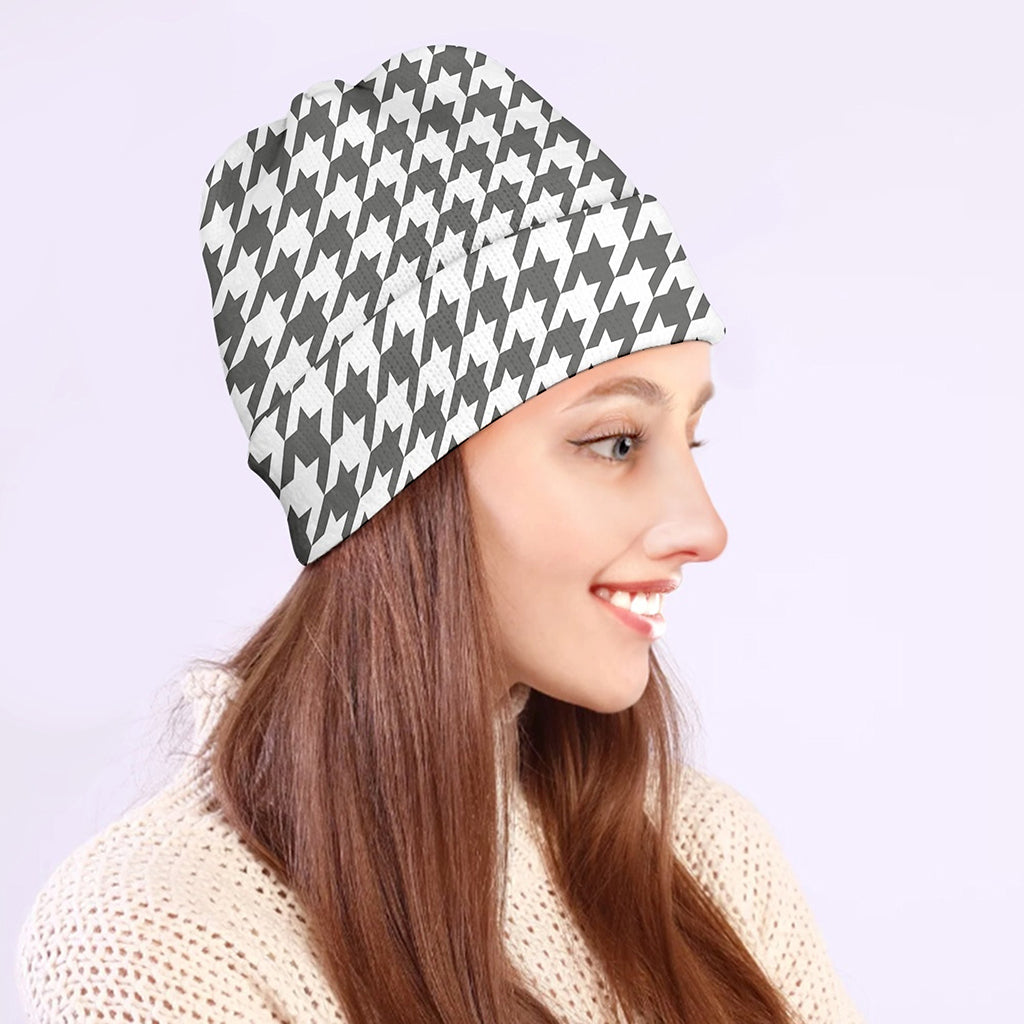 Grey And White Houndstooth Pattern Print Beanie