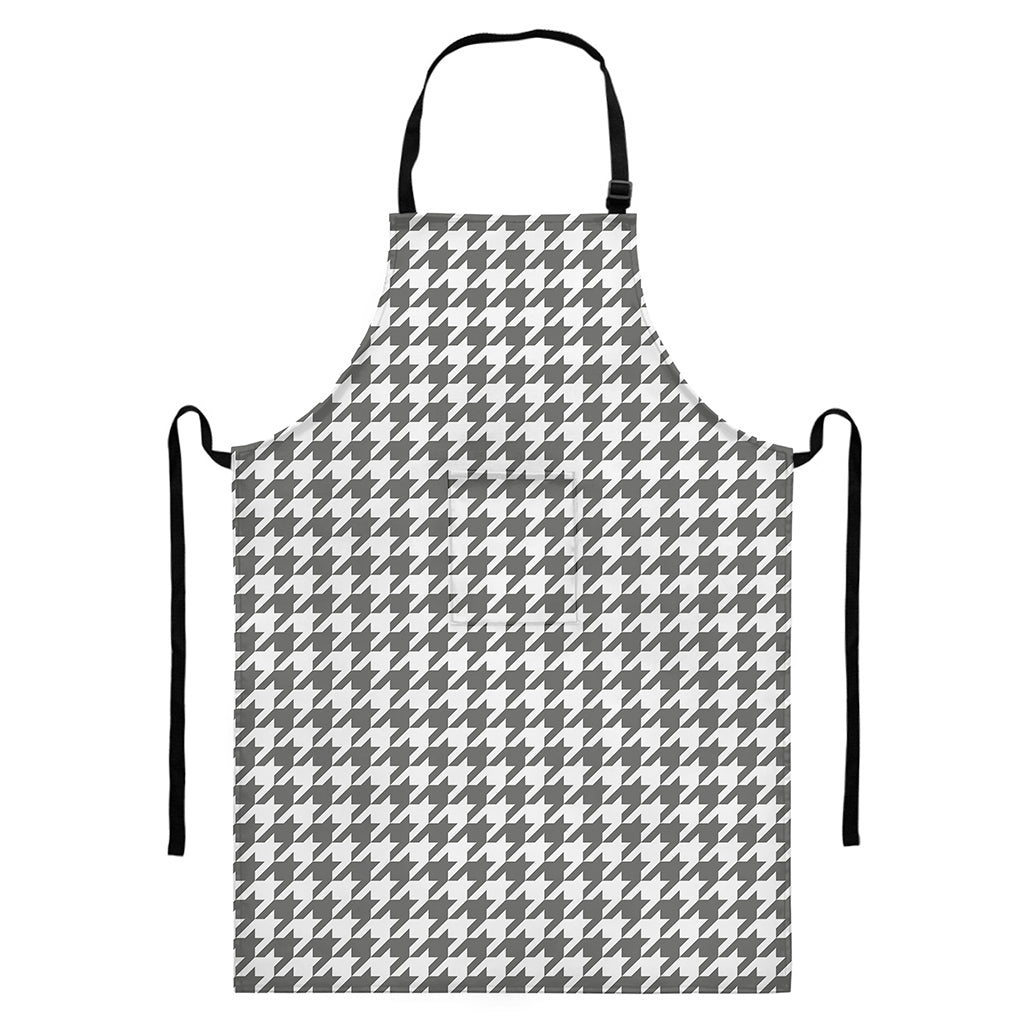 Grey And White Houndstooth Pattern Print Bib Apron With Pocket
