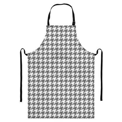 Grey And White Houndstooth Pattern Print Bib Apron With Pocket