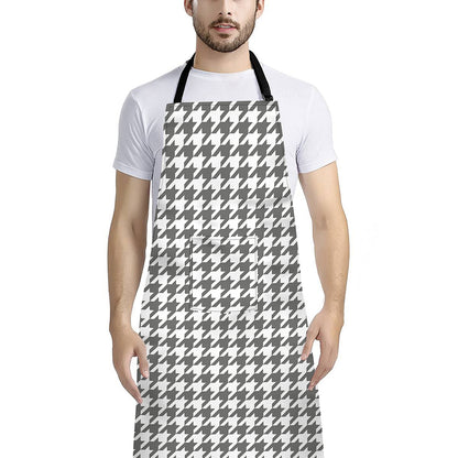 Grey And White Houndstooth Pattern Print Bib Apron With Pocket