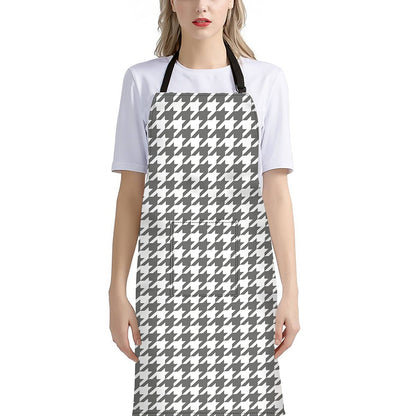 Grey And White Houndstooth Pattern Print Bib Apron With Pocket