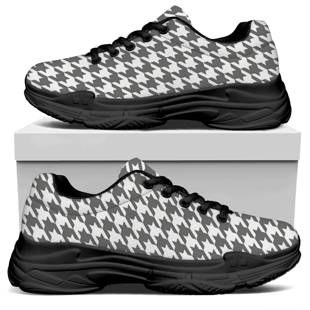 Grey And White Houndstooth Pattern Print Black Chunky Shoes