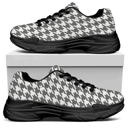 Grey And White Houndstooth Pattern Print Black Chunky Shoes