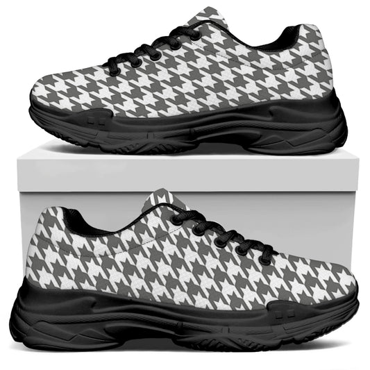 Grey And White Houndstooth Pattern Print Black Chunky Shoes