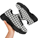 Grey And White Houndstooth Pattern Print Black Chunky Shoes