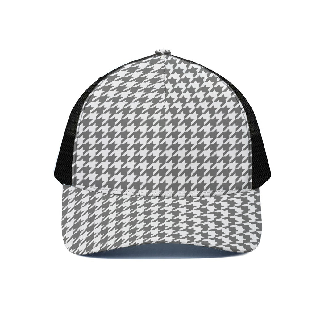 Grey And White Houndstooth Pattern Print Black Mesh Trucker Cap
