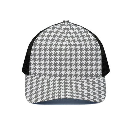 Grey And White Houndstooth Pattern Print Black Mesh Trucker Cap