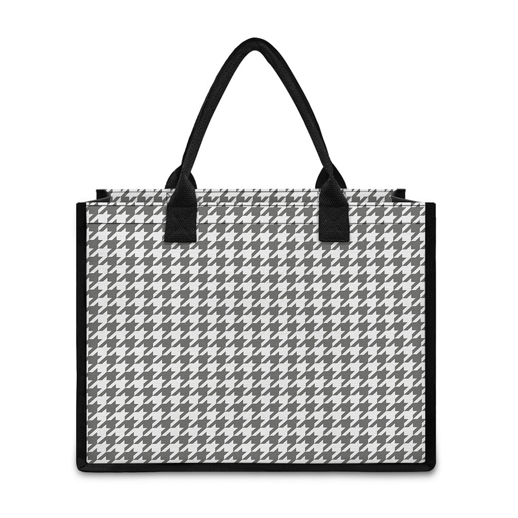 Grey And White Houndstooth Pattern Print Canvas Tote Bag