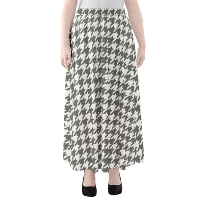 Grey And White Houndstooth Pattern Print Chiffon Maxi Skirt