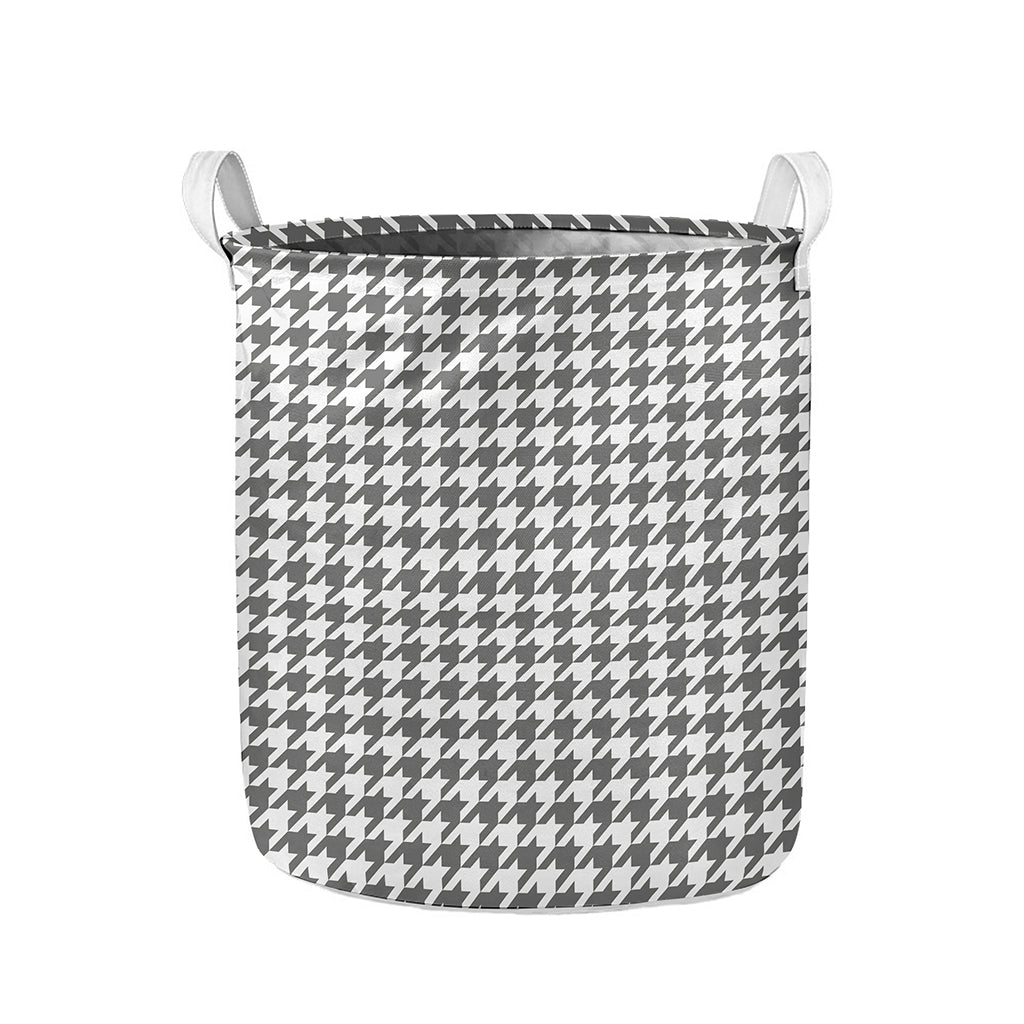 Grey And White Houndstooth Pattern Print Collapsible Laundry Basket