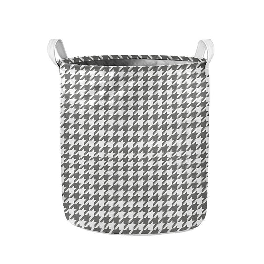 Grey And White Houndstooth Pattern Print Collapsible Laundry Basket