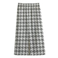 Grey And White Houndstooth Pattern Print Cotton Front Slit Maxi Skirt