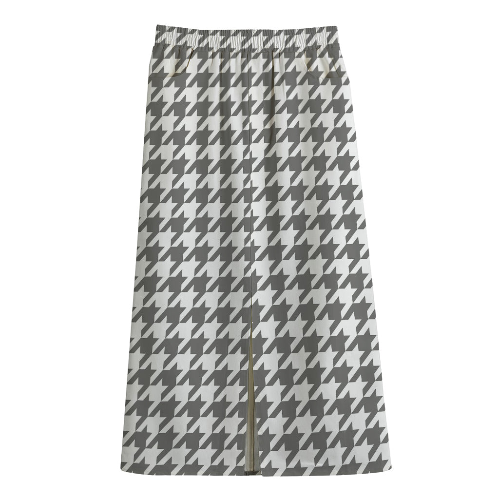 Grey And White Houndstooth Pattern Print Cotton Front Slit Maxi Skirt
